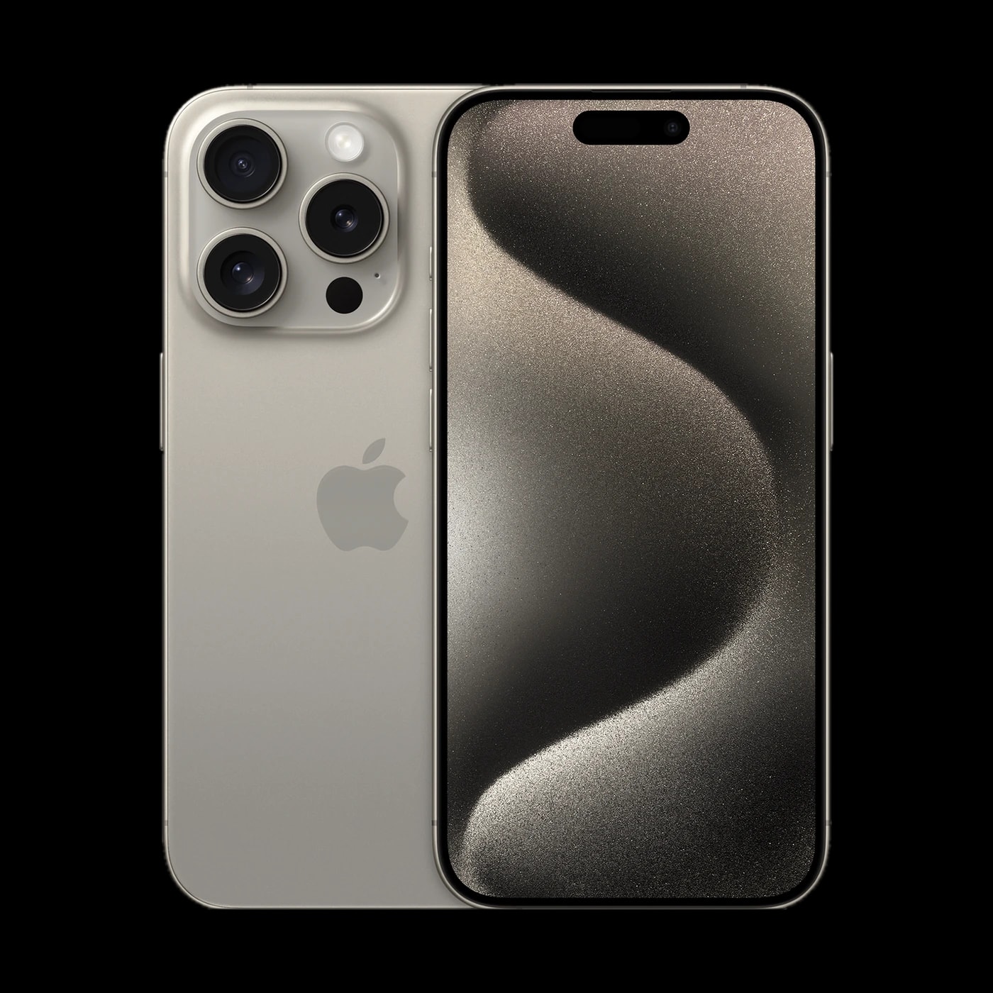 iPhone 15 Pro titânio natural, traseira com as três lentes em destaque ao lado da tela